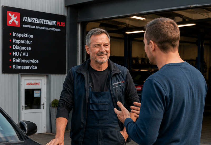 Kunde beschreibt sein Fahrzeugproblem – Meister hört zu bei Fahrzeugtechnik Plus