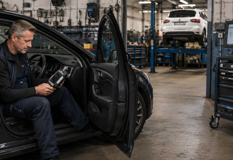 Meister führt Endprüfung mit Diagnosegerät durch – Fahrzeugtechnik Plus